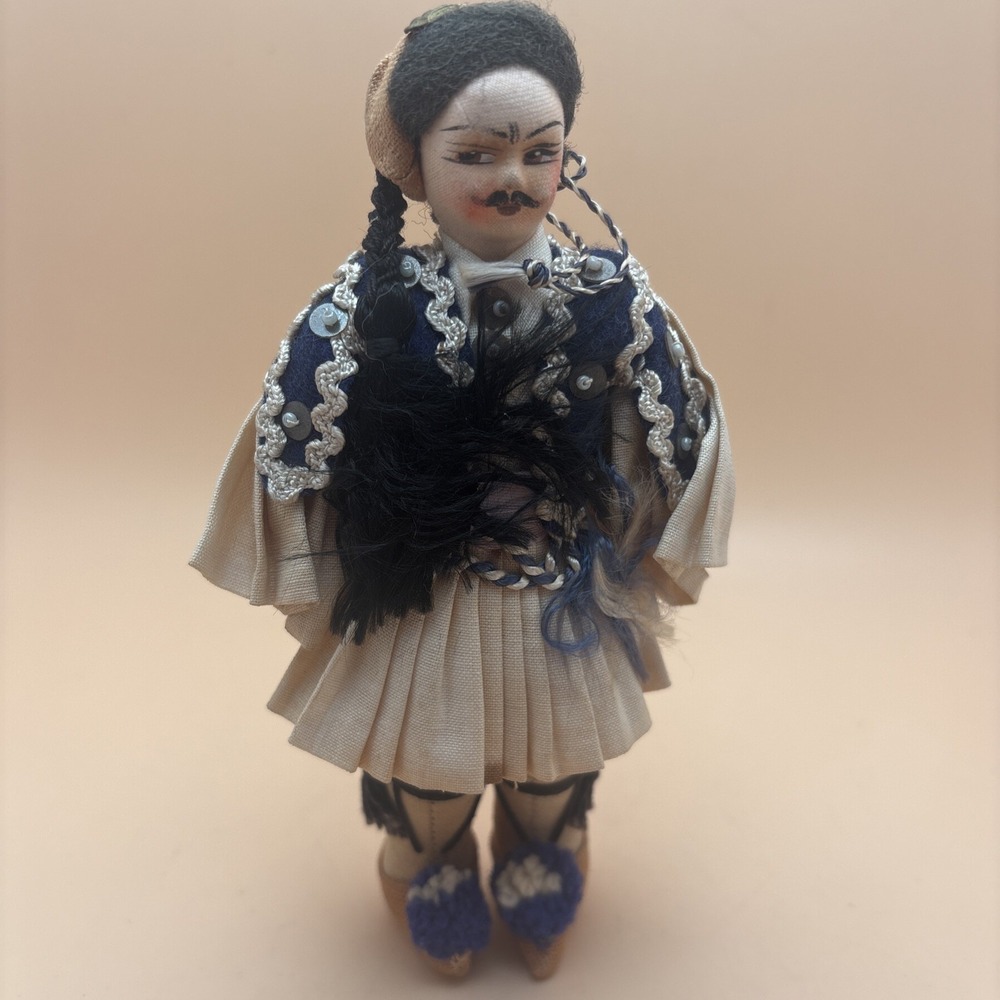 Vintage Folk Art Greek Tsolias Evzone Soldier‎ Doll Wool Hair 6"